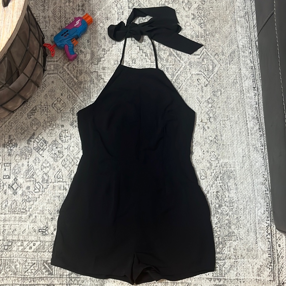 Backless black romper tie around neck